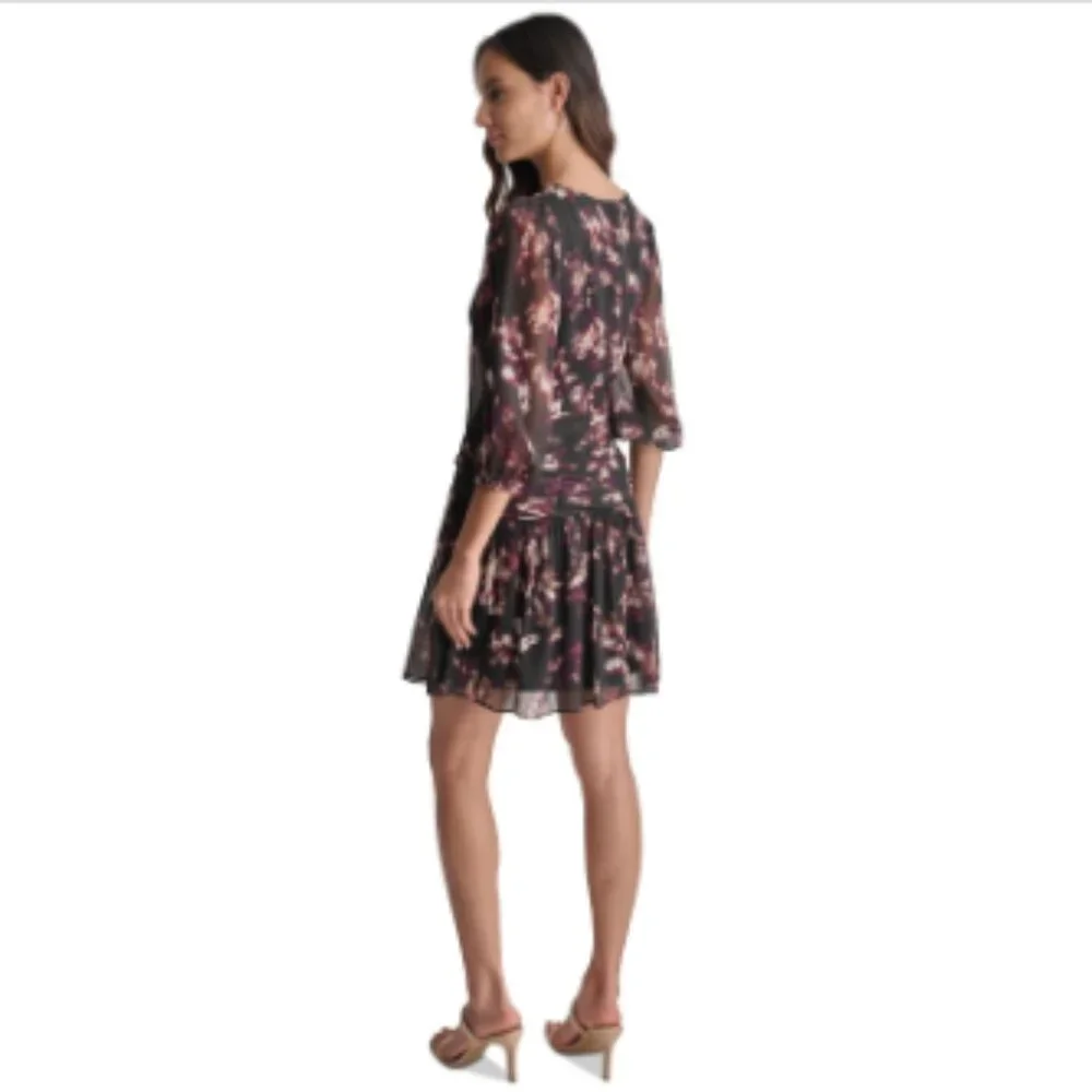 Dkny Women's Crinkle-Chiffon Faux-Wrap Mini Dress - Black/Raisin - Picture 4 of 4